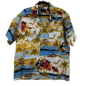 Vintage Vancort Mens Hawaiian Button Up Shirt L No Iron Luau Surf Beach Retro